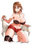  1girl absurdres atelier_(series) atelier_ryza atelier_ryza_2 bare_shoulders barefoot bra braid breasts brown_eyes brown_hair cleavage hair_ornament highres key_necklace large_breasts navel noazzark on_bed one_eye_closed open_mouth red_shorts reisalin_stout short_hair short_shorts shorts single_thighhigh thick_thighs thighhighs thighs towel underwear white_background 