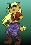  angry anthro blonde_hair boots canid canine canis clothed clothing dingo female fingerless_gloves footwear gloves hair handwear mammal melleh17 midriff navel open_mouth shazza_the_dingo simple_background solo standing ty_the_tasmanian_tiger_(series) video_games 