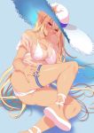  1girl :o absurdres ass bangs bikini blonde_hair blue_nails blush breasts cleavage collarbone dark_elf dark_skin elf eyebrows_visible_through_hair hat highres hololive large_breasts long_hair looking_at_viewer nail_polish pointy_ears red_eyes see-through shiranui_flare shirt solo sun_hat swimsuit teltelhousi thigh_strap thighs toenail_polish virtual_youtuber white_bikini white_headwear 