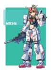  1girl absurdres ag_00000 bangs brown_hair eyebrows_visible_through_hair green_eyes gun gundam gundam_mk_ii highres holding holding_gun holding_weapon looking_at_viewer mecha_musume open_hand personification solo v-fin weapon zeta_gundam 