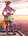  2020 angrboda anthro bottomwear brown_hair canid canine city cityscape clothed clothing cloud day digitigrade female fishnet fox fully_clothed green_highlights hair hi_res highlights_(coloring) mammal outside photo_background pink_highlights rooftop rubber skirt solo standing trans_(lore) trans_woman_(lore) 