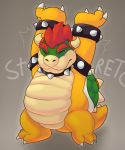  2020 anthro belly bowser bracelet claws collar denaturedalbumin english_text grey_background hair horn jewelry koopa male mario_bros nintendo red_hair scalie shell simple_background solo spiked_bracelet spiked_collar spikes text video_games yellow_body 