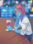  alcohol animal_humanoid bar beverage blue_body blush breasts clauschristmas2 clock clothed clothing collaboration deltarune ear_fins eyeshadow female fin fish fish_humanoid gills hair hi_res humanoid looking_at_viewer makeup marine marine_humanoid monster red_eyeshadow red_hair sharp_teeth sitting smile solo teeth u_tino_95 undertale undyne video_games watch wine wine_glass yellow_eyes 