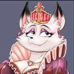 anthro breasts canid canine cleavage clothed clothing crown cute_fangs ear_piercing ear_ring eyeshadow female fox fur gglitterggal jewelry looking_aside makeup mammal nakhta necklace piercing portrait queen royalty ruff_(clothing) smile solo sparkles white_body white_fur 