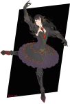  1girl android arm_up arms_up ballerina bangs black_hair dancing dated dress gem glowing high_heels highres long_bangs long_hair mechanical_arm mechanical_legs original parted_lips pink_lips red_footwear signature solo two-tone_background vatmang white_eyes 