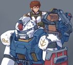  1boy alternate_universe amuro_ray brown_eyes brown_hair cameron_sewell english_commentary gundam highres mecha mobile_suit_gundam pilot_suit radio_antenna rx-78-2 shoulder_cannon visor 