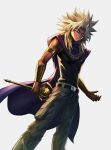  1boy absurdres armlet belt belt_buckle buckle cape chain_necklace commentary dark_skin dark_skinned_male earrings highres holding jewelry looking_down male_focus millennium_rod pants simple_background smile solo spiked_hair standing teeth vambraces white_background white_hair y.m yami_marik yuu-gi-ou yuu-gi-ou_duel_monsters 