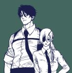  1boy 1girl adam&#039;s_apple black_eyepatch black_eyes black_hair black_neckwear business_suit chainsaw_man collared_shirt ear_piercing earrings eyepatch formal hair_between_eyes height_difference highres jewelry kishibe_(chainsaw_man) long_hair long_sleeves looking_at_another looking_at_viewer necktie piercing quanxi_(chainsaw_man) shirt shirt_tucked_in short_hair sleeves_rolled_up smile suit younger 