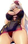  1girl ass_visible_through_thighs bangs bare_shoulders black_dress black_gloves breasts china_dress chinese_clothes commission commissioner_upload dark_persona dress fate/grand_order fate_(series) from_below gloves hair_ornament half_gloves hand_up highres large_breasts long_hair looking_at_viewer marie_antoinette_(alter)_(fate/grand_order) one_side_up panties pantyshot red_panties rope satou_daiji sidelocks silver_hair skirt solo string_panties thighs underboob underwear very_long_hair yellow_eyes 