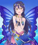  1girl bangs blue_hair blush butterfly_wings earrings eyebrows_visible_through_hair flower hair_between_eyes hair_ornament hands_together highres jewelry long_hair looking_at_viewer love_live! love_live!_school_idol_festival love_live!_school_idol_project navel open_mouth own_hands_together simple_background smile sonoda_umi strapless wewe wings yellow_eyes 
