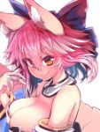  2018 amber_eyes animal_humanoid blush breasts bust_portrait canid canid_humanoid canine canine_humanoid caster_tamamo-no-mae cleavage clothed clothing fate_(series) female fox_humanoid hair hi_res humanoid inner_ear_fluff looking_at_viewer mammal mammal_humanoid pink_hair portrait simple_background smile solo touching_hair tuft twirling_hair white_background wisespeak 