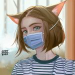  1girl animal_ears artist_name brown_hair cat_ears ciov close-up coronavirus_pandemic english_commentary green_eyes looking_to_the_side mask mouth_mask original portrait shirt short_hair solo striped striped_shirt 