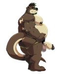  2020 absurd_res anthro balls beard belly big_belly big_moobs big_pecs black_hair butt clothing cursedmarked facial_hair genitals green_highlights hair hi_res highlights_(coloring) jockstrap looking_at_viewer lutrine male mammal moobs musclegut muscular muscular_anthro muscular_male mustelid nipple_piercing nipples pecs penis piercing simple_background solo standing thick_thighs three-quarter_view underwear vein veiny_penis white_background 