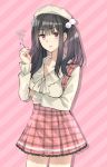  1girl annoyed arm_under_breasts bangs black_hair cigarette collarbone frills hair_ornament hat highres holding holding_cigarette long_hair long_sleeves looking_at_viewer original pink_eyes plaid plaid_skirt sidelocks skirt solo somechime_(sometime1209) standing twintails 