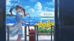  1girl :d ahoge blue_shirt brown_hair cloud day facing_viewer flower green_scrunchie hair_ornament hair_scrunchie hakozaki_serika hand_up idolmaster idolmaster_million_live! idolmaster_million_live!_theater_days lens_flare long_hair luggage official_art open_mouth outdoors scrunchie shirt sign smile solo standing sunflower twintails water white_shirt 