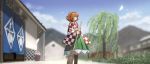  1girl apron bangs bell blue_sky broom checkered day field hair_bell hair_ornament highres holding holding_broom japanese_clothes kimono looking_away motoori_kosuzu outdoors red_hair short_hair sky solo standing suna_(s73d) touhou tree twintails two_side_up village wind 