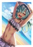  1girl absurdres armpits arms_up beach bikini closed_eyes dark_skin granblue_fantasy green_hair gupunetsu hair_over_one_eye hat highres kolulu_(granblue_fantasy) navel ocean smile swimsuit 