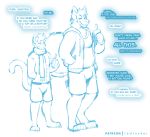  2020 4_fingers 4_toes absurd_res anthro barefoot beverage big_tail biped blue_and_white blue_text bottomwear bulge canid canine canis cheek_tuft chest_tuft claws clothed clothing cup dialogue digital_drawing_(artwork) digital_media_(artwork) digitigrade domestic_cat domestic_dog duo ear_piercing english_text eye_contact eyebrows facial_tuft fangs felid feline felis fingers fluffy fluffy_tail front_view fur fur_tuft half-closed_eyes hand_in_pocket head_tuft hi_res holding_object inner_ear_fluff larger_anthro larger_male leg_tuft line_art long_tail looking_at_another male mammal monochrome narrowed_eyes neck_tuft patreon paws piercing plantigrade pockets redrusker scarf shirt shorts signature simple_background size_difference sketch smaller_anthro smaller_male smile smirk standing straw sweatshirt text three-quarter_view toes topwear tuft unfinished watermark white_background white_text 