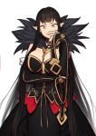  1girl arm_under_breasts black_dress black_hair breasts commentary covering_mouth detached_sleeves dress english_commentary fate/apocrypha fate_(series) hand_over_own_mouth hand_up large_breasts long_hair looking_at_viewer pointy_ears semiramis_(fate) simple_background smile solo sunna_(nilsunna) very_long_hair white_background yellow_eyes 