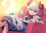  1girl ahoge armchair blush chair collar curled_horns demon_horns dress eyebrows_visible_through_hair feet_out_of_frame gloves grey_hair highres horns looking_at_viewer makaino_ririmu multicolored_hair nijisanji off-shoulder_dress off_shoulder pointy_ears red_collar red_eyes red_hair sabamen short_hair sidelocks sitting smile streaked_hair symbol_commentary v virtual_youtuber white_gloves 