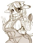  anthro big_breasts black_eyes blush bottle bovid bovine breasts cattle clothing female hair hi_res holstein_friesian_cattle huge_breasts kemono kishibe long_hair looking_at_viewer mammal monochrome overalls ribbed_clothing ribbed_sweater solo sweater topwear 