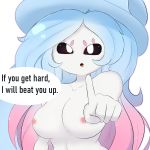  1:1 2020 5_fingers absurd_res anthro awintermoose big_breasts black_sclera blue_hair breasts digital_media_(artwork) english_text female fingers gesture hair hatterene hi_res huge_breasts humanoid long_hair looking_at_viewer nintendo nipples not_furry nude pink_hair pointing pointing_at_viewer pok&eacute;mon pok&eacute;mon_(species) simple_background solo speech_bubble text video_games white_background white_body white_eyes 