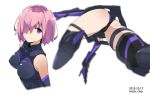 1girl ass black_leotard blurry blurry_foreground boots breasts closed_mouth dated depth_of_field elbow_gloves fate/grand_order fate_(series) from_below gloves hair_over_one_eye large_breasts leotard looking_at_viewer mash_kyrielight multiple_views one_eye_covered pink_hair pink_pupils purple_eyes short_hair smile tabata_hisayuki thighhighs white_background 