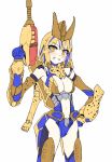  1girl beast_wars blonde_hair blush cheetor clenched_hands eyebrows_visible_through_hair genderswap genderswap_(mtf) gun hand_on_hip highres holding holding_gun holding_weapon i.takashi looking_down mecha_musume midriff_cutout multicolored_hair personification short_hair smile solo transformers weapon white_background yellow_eyes 