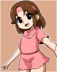  1girl black_eyes brown_hair child commentary_request dress headband hiru_made_ne-tarou hokuto_no_ken lynn open_mouth outstretched_arms pink_background pink_dress pink_headband short_dress short_hair simple_background smile solo torn_clothes 