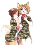  2018 anthro bdsm bdsm_gear big_butt biped blue_eyes bobtail_cat brown_hair bulge butt calico_cat camo camo_print canid canine canis cellphone clothed clothing crossdressing curled_tail digital_media_(artwork) domestic_cat domestic_dog dress duo eyes_closed felid feline felis flaffy_(viskasunya) fur girly hair handcuffs hi_res japanese_bobtail looking_at_viewer male male/male mammal mottled phone piebald selfie shackles simple_background smile standing teeth tongue tongue_out viskasunya white_background wide_hips 