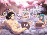  6+boys aqua_eyes aqua_hair bathing beard black_hair blue_eyes brown_hair bucket chatan_nakiri cherry_blossoms chiyoganemaru closed_eyes doudanuki_masakuni earrings facial_hair godoo hair_bun jewelry looking_back male_focus multiple_boys muscle naked_towel nenekirimaru nihongou_(touken_ranbu) onsen open_mouth otegine pectorals petals pink_hair pouring purple_hair red_hair sengo_muramasa_(touken_ranbu) silver_hair smile stud_earrings tattoo tokkuri tonbokiri_(touken_ranbu) touken_ranbu towel towel_on_head tree water yamabushi_kunihiro yamanbagiri_chougi yellow_eyes 