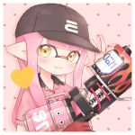  1girl bangs baseball_cap blunt_bangs collared_shirt commentary domino_mask eyebrows_visible_through_hair eyebrows_visible_through_hat fang fingerless_gloves gloves hat heart heart_background highres holding holding_weapon inkling inkling_(language) logo long_hair looking_at_viewer mask pink_background pink_hair pioxpioo pointy_ears print_headwear range_blaster_(splatoon) red_gloves red_shirt see-through shirt short_sleeves single_glove skin_fang solo splatoon_(series) tentacle_hair trigger_discipline upper_body weapon yellow_eyes 