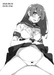  1girl blush bra breasts dated greyscale large_breasts lifted_by_self long_hair looking_at_viewer monochrome navel necktie open_mouth original panties pubic_hair school_uniform serafuku shirt short_sleeves simple_background skirt skirt_lift solo straddling tabata_hisayuki underwear white_background 