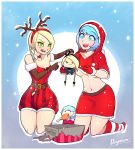  2girls absurdres antlers belt belt_buckle blonde_hair blue_eyes blue_hair braid breasts buckle chibi christmas crop_top derpixon elbow_gloves gloves green_eyes highres hood hoodie kneehighs medium_breasts midriff multiple_girls navel original pixen_(derpixon) santa_costume skirt small_breasts snow striped striped_legwear underboob ydelle_(derpixon) 