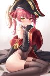 1girl bare_shoulders blush commentary_request covered_navel eyebrows_visible_through_hair hair_between_eyes hat heterochromia highres hololive houshou_marine kawami_nami leotard long_sleeves looking_at_viewer red_eyes red_hair solo thighhighs yellow_eyes 