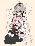  ... 2boys animal_ears artist_name astolfo_(fate) blush command_spell commentary_request dog_boy dog_ears dog_tail eyebrows_visible_through_hair eyes_visible_through_hair fate/apocrypha fate_(series) grey_hair hair_between_eyes hand_tattoo haoro heart highlights multicolored_hair multiple_boys pink_background pink_hair purple_eyes red_eyes sieg_(fate/apocrypha) simple_background sitting sitting_on_lap sitting_on_person speech_bubble spoken_heart tail tail_wagging tongue tongue_out twitter_username two-tone_hair watermark white_hair 