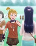  5girls bike_shorts black_gloves black_shorts blonde_hair blue_hair blue_skirt blurry blurry_background blurry_foreground braid brown_eyes french_braid futari_wa_precure gloves hair_ornament highres itou_shin&#039;ichi lacrosse lacrosse_stick long_hair miniskirt misumi_nagisa multiple_girls number_print one_side_up open_mouth outdoors plaid plaid_skirt pleated_skirt precure print_shirt red_shirt red_skirt shiny shiny_hair shirt short_hair short_shorts short_sleeves shorts shorts_under_skirt skirt solo_focus sweat very_long_hair white_shirt yukishiro_honoka 