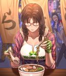  1boy 2girls artist_self-insert beer_can bespectacled bowl breasts brown_hair can casual chopsticks cleavage collarbone commentary drunk egg english_commentary fingerless_gloves fogged_glasses food glasses gloves green_gloves hanny_(nhim) highres holding holding_chopsticks hood hood_down julia_chang kamaboko large_breasts lei_wulong low_twin_braids meat medium_hair multiple_girls narutomaki noodles plaid plaid_shirt print_shirt ramen red-framed_eyewear sapporo shirt solo_focus soup spoon steam sweat tekken tekken_7 truth 