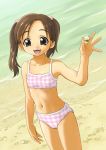  1girl :d bare_arms beach bikini brown_eyes brown_hair checkered checkered_bikini ebifly flat_chest freckles hand_up holding looking_at_viewer navel ocean open_mouth original pink_bikini sand seashell shell smile solo standing swimsuit twintails 