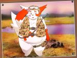  2020 4:3 anthro belly biped blush clothed clothing fur hi_res kemono nintendo overweight overweight_anthro pok&eacute;mon pok&eacute;mon_(species) punichu solo video_games weapon white_body white_fur zangoose 