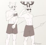 2020 ale_vananice anthro antlers athletic beastars bottomwear bulge canid canine canis cellphone cervid cervine clothed clothing covering covering_crotch covering_self duo embarrassed erection erection_under_clothing eyewear front_view greyscale hi_res holding_object holding_phone horn legoshi_(beastars) louis_(beastars) male mammal monochrome phone red_deer shorts sketch sunglasses surfboard swimming_trunks swimwear topless vehicle watercraft wolf 