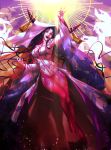  1girl absurdres armpits black_hair breasts detached_sleeves dew_borb dress facial_mark fate/extra fate/extra_ccc fate_(series) forehead_mark full_body halo highres horn_ornament horns lace large_breasts lips long_hair money_gesture multicolored_hair open_mouth panties pink_legwear pink_panties reaching revealing_clothes ribbon sesshouin_kiara signature solo teeth thighhighs underwear veil very_long_hair very_long_sleeves wavy_hair white_dress wide_sleeves yellow_eyes 