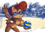  2020 anthro archie_comics ball beach blue_eyes breasts brown_body brown_fur brown_hair chipmunk countershade_face countershade_torso countershading epicsubterfuge eyewear eyewear_only female fur glasses glasses_only ground_squirrel hair holding_object mammal nude nude_beach nudism nudist red_hair rodent sally_acorn sciurid seaside sega smile smirk solo solo_focus sonic_the_hedgehog_(archie) sonic_the_hedgehog_(comics) sonic_the_hedgehog_(series) sport video_games volleyball volleyball_(ball) volleyball_(net) volleyball_court volleyball_net 
