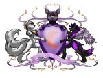  2017 anthro black_eyes black_nose breasts brown_hair brown_tuft canid canine canis chest_tuft claws coat_of_arms crescent_moon digital_media_(artwork) double_tail duo eyebrows fluffy fluffy_tail french_text fur hair mammal moon nude pimpartist purple_eyes purple_hair shield simple_background text tuft white_background wings wolf 