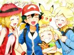  2boys 2girls :d baseball_cap blonde_hair blue_jacket blue_ribbon citron_(pokemon) closed_eyes collarbone dedenne eureka_(pokemon) friends gen_1_pokemon gen_6_pokemon green_hair grin hand_on_hip hat jacket kanimaru legendary_pokemon multiple_boys multiple_girls neck_ribbon open_mouth petting pikachu pokemon pokemon_(anime) pokemon_(creature) pokemon_xy_(anime) red_headwear ribbon rimless_eyewear round_eyewear satoshi_(pokemon) serena_(pokemon) short_hair short_sleeves smile thank_you upper_body zygarde zygarde_core 