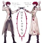  2boys blood bloody_clothes boots character_name coat dual_persona holding holding_knife knife long_coat multiple_boys murlough open_clothes open_coat purple_skin red_hair short_hair smile the_saga_of_darren_shan the_saga_of_larten_crepsley time_paradox weapon yomunow younger 