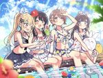  4girls :d ;d ahoge arm_up bangs bare_arms bare_legs bare_shoulders bendy_straw bikini black_skirt blonde_hair blue_ribbon blue_sky blush breasts brown_eyes brown_flower brown_hair cleavage closed_mouth cloud cloudy_sky commentary cup day dress drink drinking_glass drinking_straw english_commentary eyebrows_visible_through_hair floral_print flower hair_flower hair_ornament hair_ribbon half-closed_eye high_ponytail highres holding holding_cup ice ice_cube innertube medium_breasts multiple_girls one_eye_closed open_mouth original outdoors plaid pleated_skirt polka_dot polka_dot_ribbon ponytail print_bikini rainbow red_flower ribbon sakura_oriko short_hair sitting sketch skirt sky smile soaking_feet striped striped_ribbon swimsuit uneven_eyes water white_bikini white_dress white_flower 