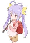  1girl antenna_hair backpack bag bangs blush brown_shorts eyebrows_visible_through_hair gazacy_(dai) highres holding holding_instrument instrument long_hair long_sleeves miyauchi_renge music non_non_biyori pink_shirt playing_instrument purple_hair randoseru recording red_eyes ribbon shirt shorts sidelocks simple_background solo twintails white_background yellow_ribbon 