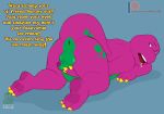  anthro anus balls barney_and_friends barney_the_dinosaur dinosaur genitals humor kneeling looking_back male multicolored_body open_mouth overweight overweight_anthro overweight_male penis penis_grab presenting reptile scalie shadowpelt simple_background slavia solo text thick_thighs tongue 