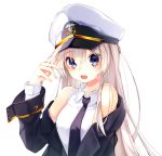  1girl akawa_1115 azur_lane bangs bare_shoulders black_coat black_neckwear blush breasts coat collarbone collared_shirt commentary enterprise_(azur_lane) eyebrows_visible_through_hair hair_between_eyes hat highres large_breasts long_hair long_sleeves looking_at_viewer military military_hat military_uniform necktie off-shoulder_coat open_clothes open_coat open_mouth peaked_cap purple_eyes shirt sidelocks silver_hair simple_background sleeveless sleeveless_shirt solo uniform upper_body upper_teeth very_long_hair white_background white_headwear 